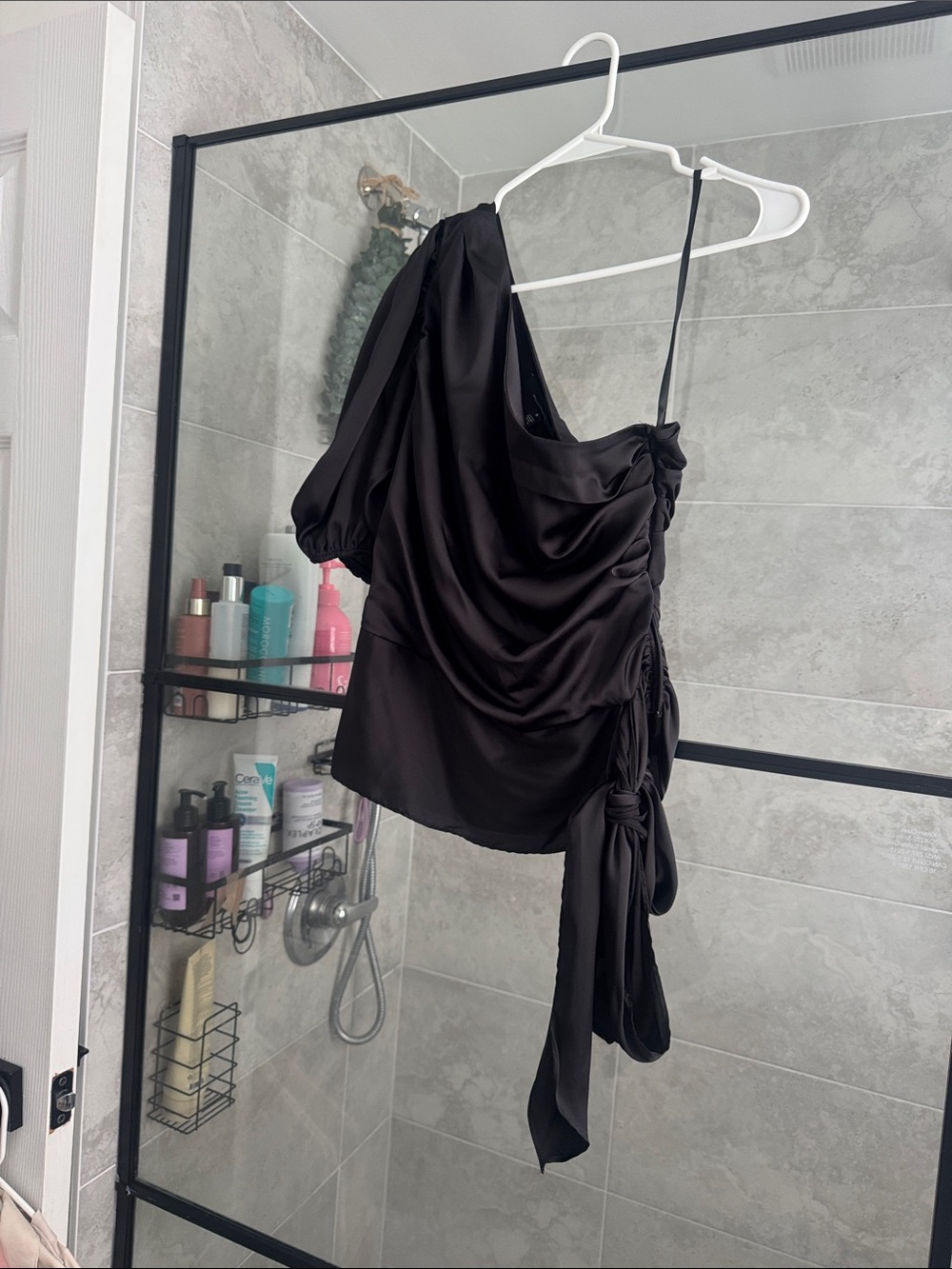 White House Black Market Black One-Shoulder Satin Top